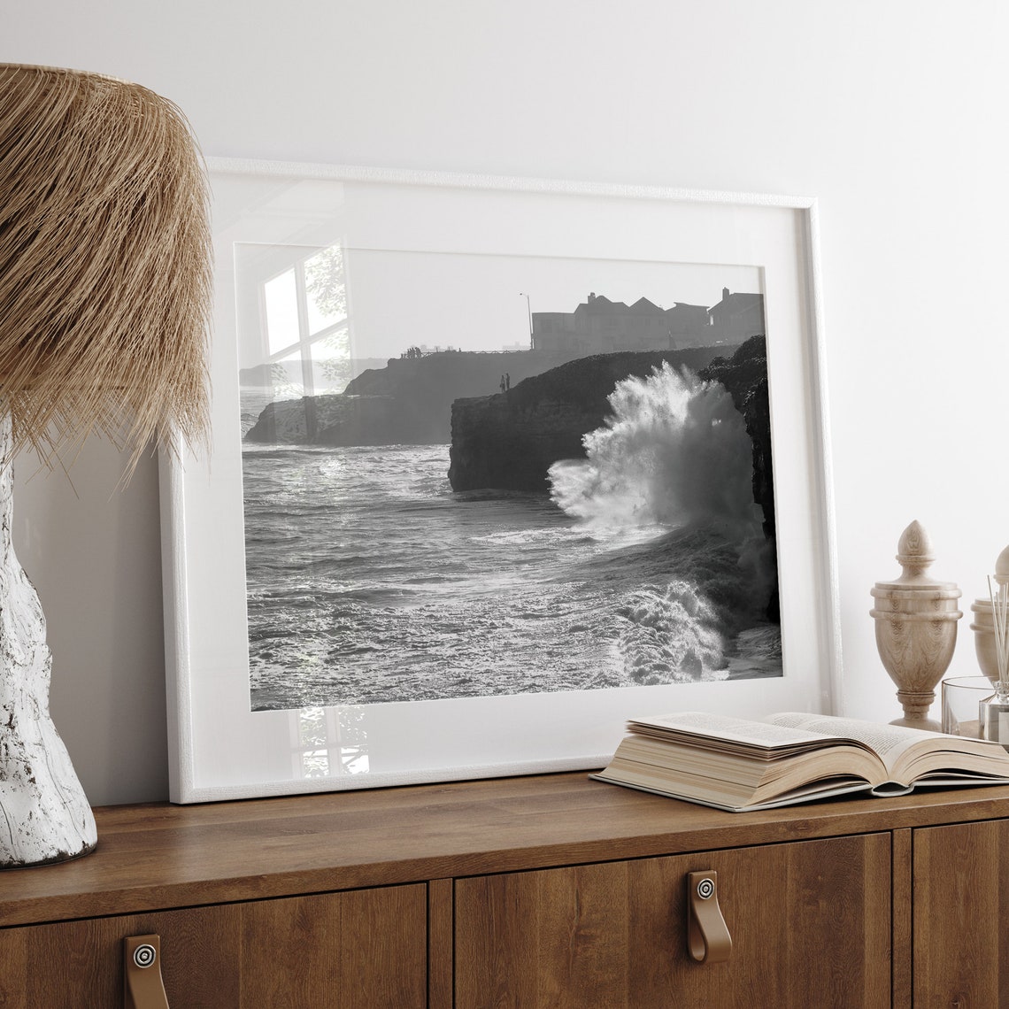 Black And White Crashing Waves Rocky Cliffs Beach Houses Coast Poster - Image 4