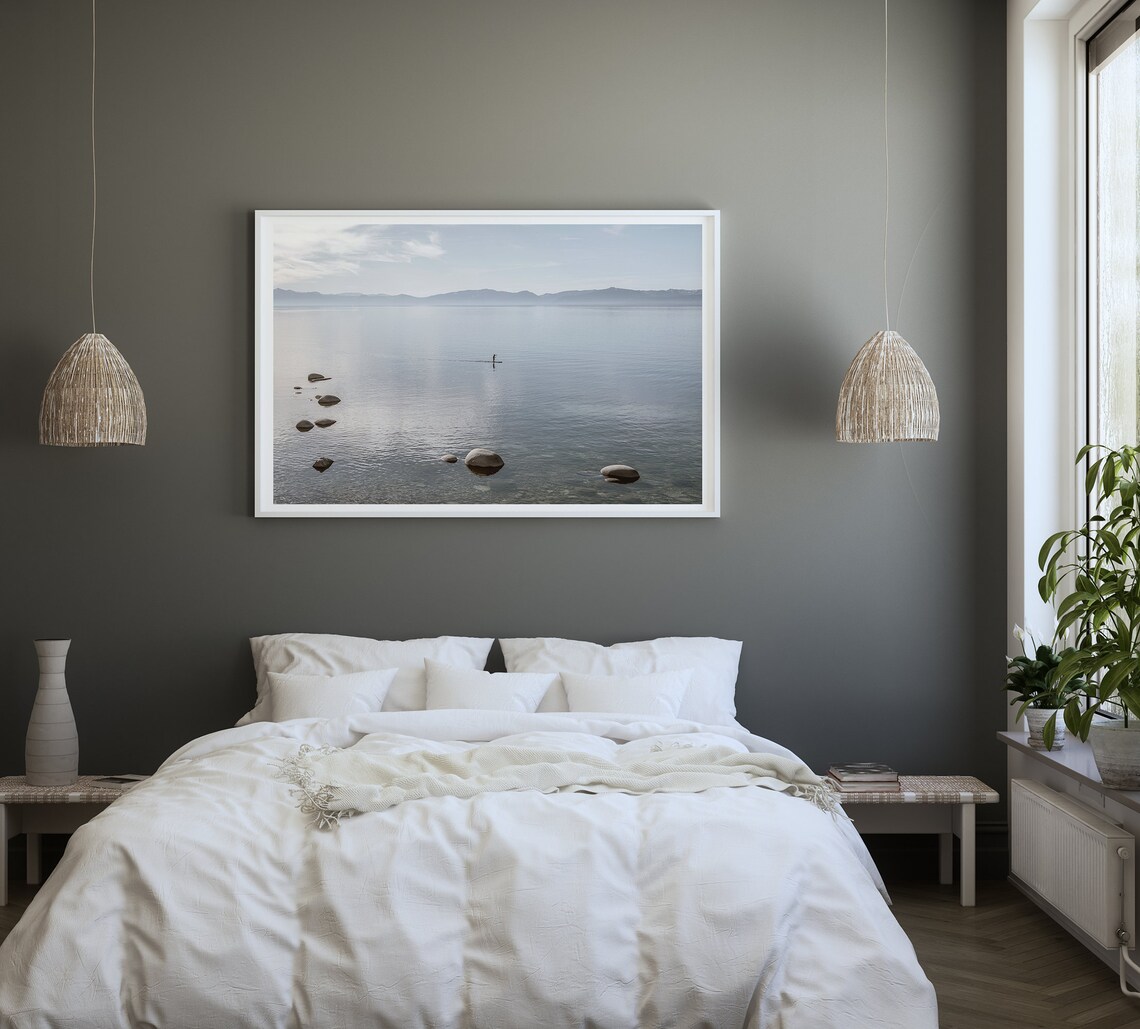 Lake Tahoe Calm Water Paddleboarder Misty Mountain View Travel Poster - Image 2