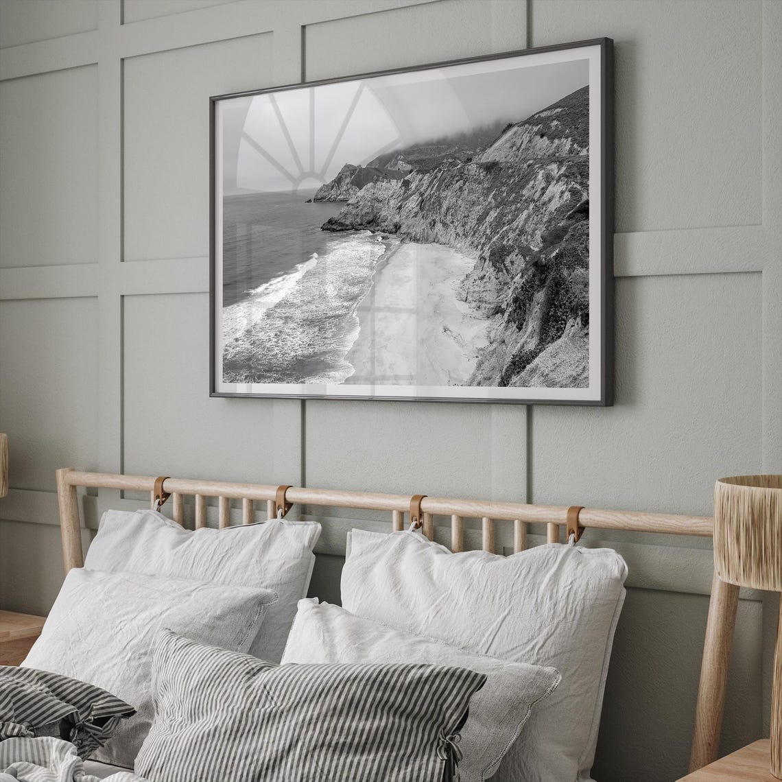 California Coastal Bluffs Misty Beach Cliffs Black White Shore Poster - Image 4