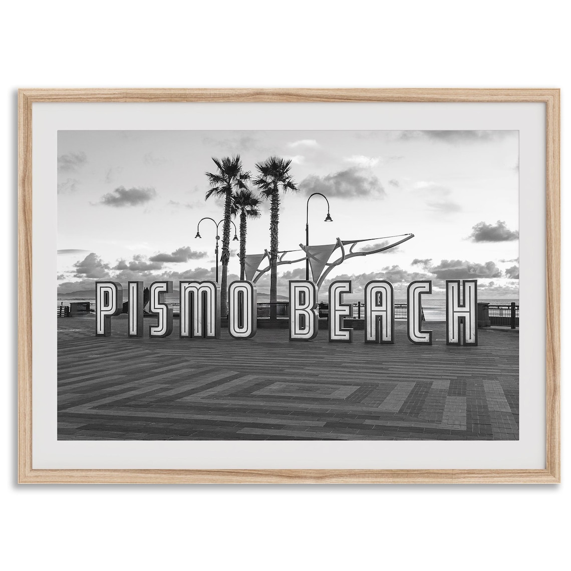 Pismo Beach California Pier Sign Black And White Surf Travel Poster
