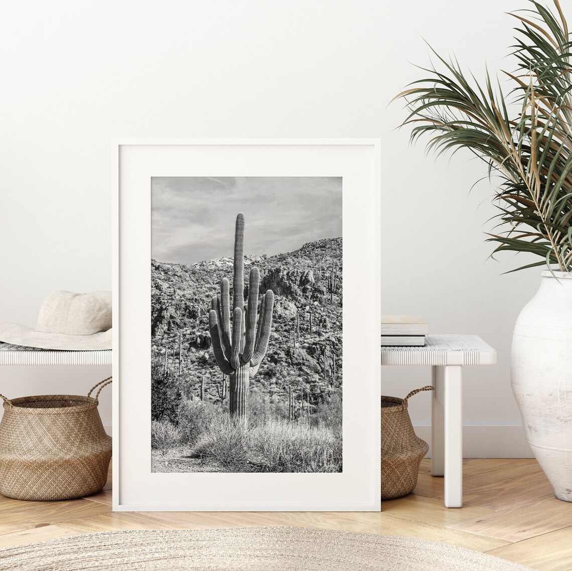 Saguaro Cactus Retro Black and White Art Print - Image 2