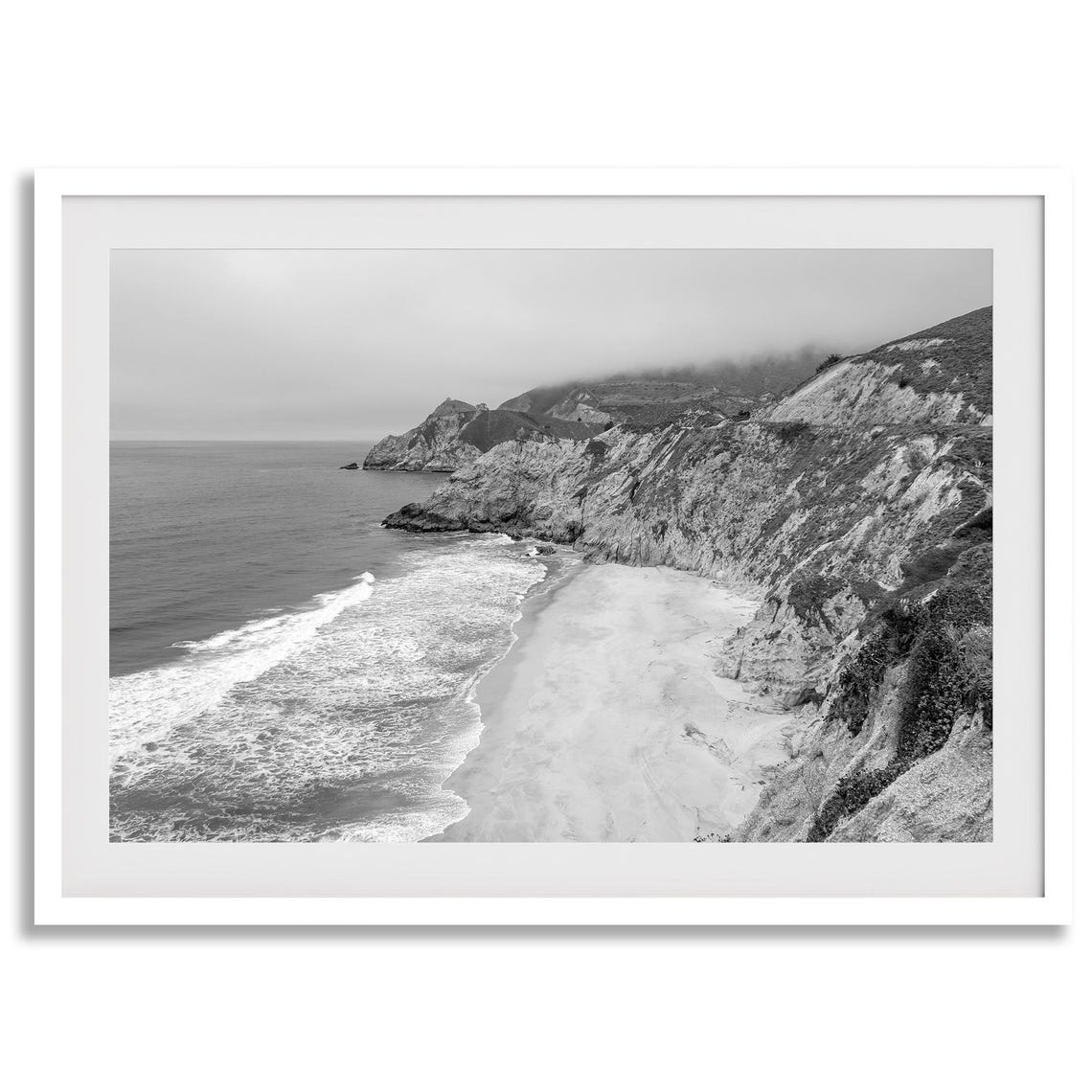 California Coastal Bluffs Misty Beach Cliffs Black White Shore Poster - Image 2