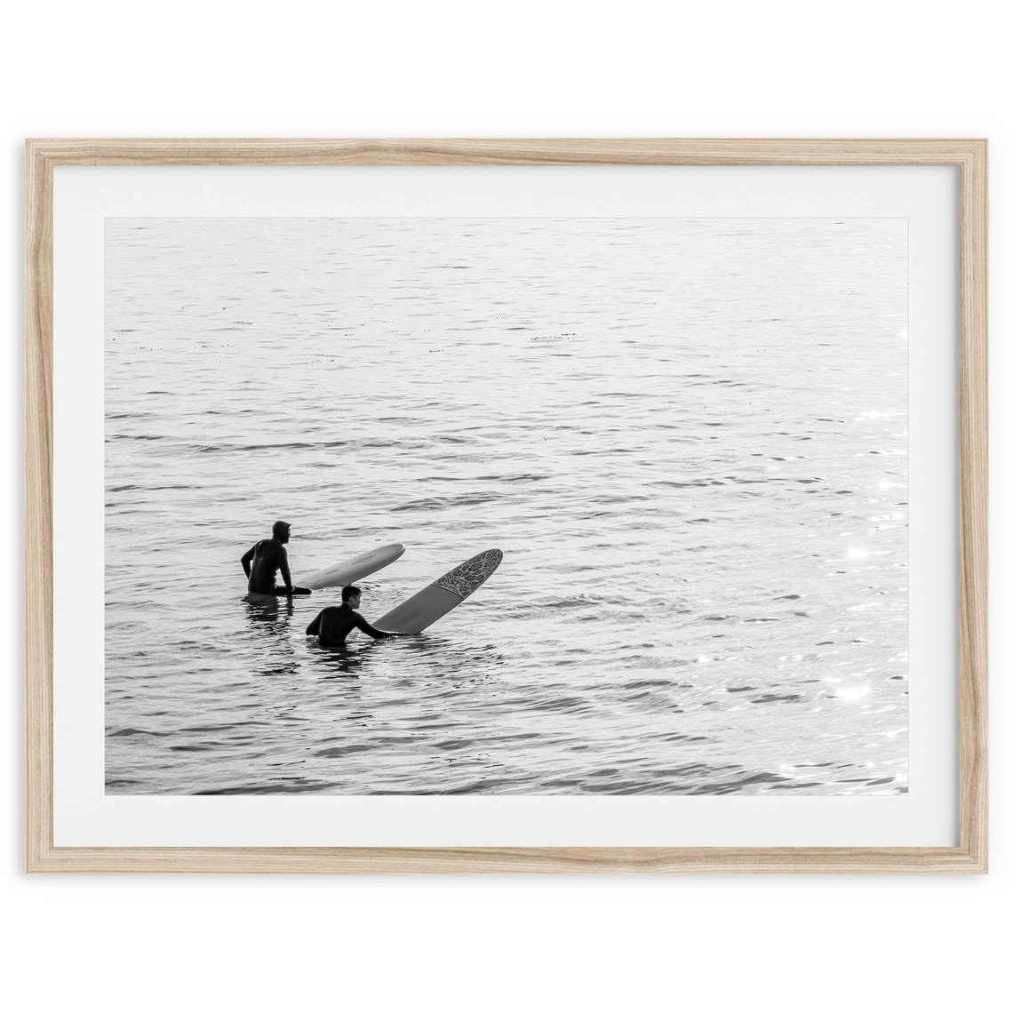 Black And White Surfers Waiting Ocean Longboard Surf Photo Poster