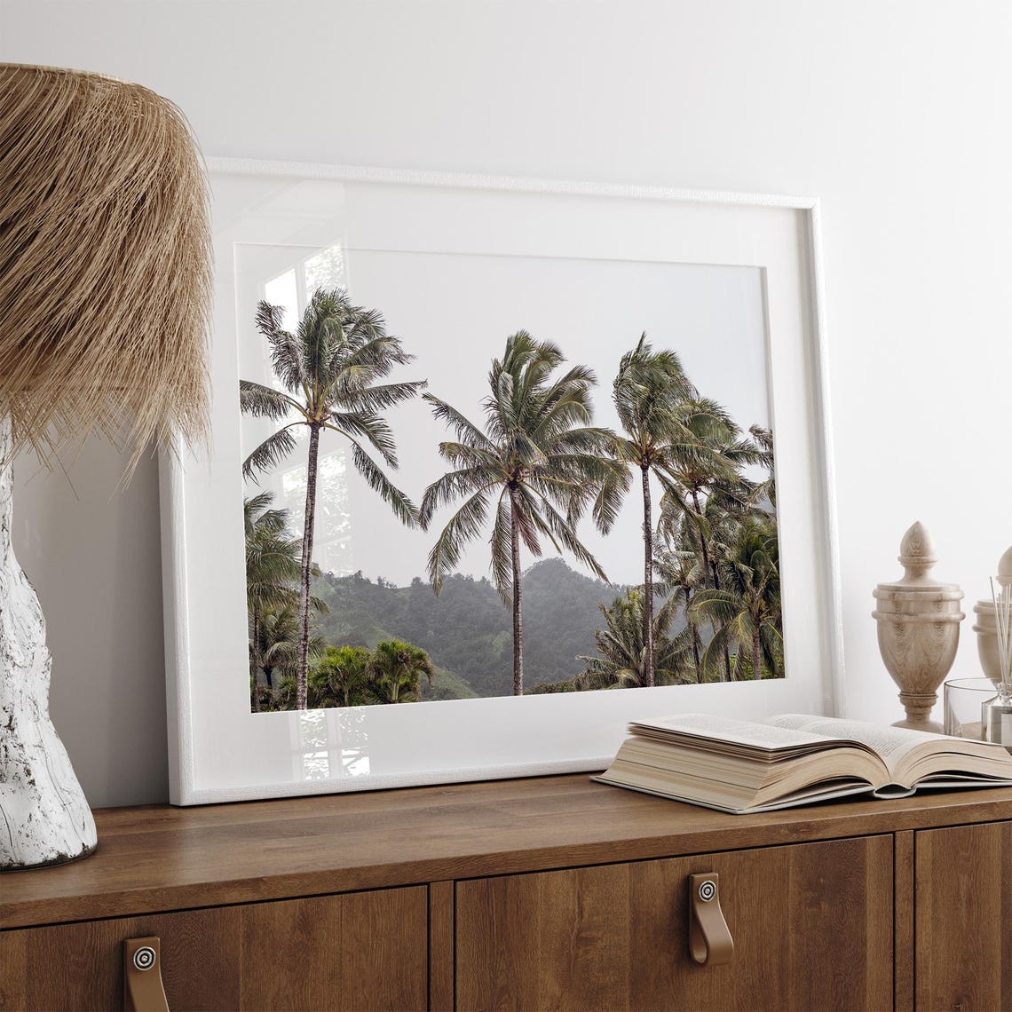 Hawaii Tropical Coconut Palm Trees Green Mountain Landscape Poster - Image 2