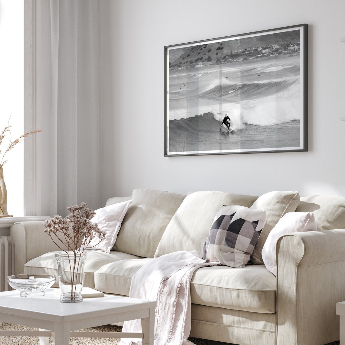 Black And White Surfer Riding Wave California Beach Town Surf Poster - Image 3