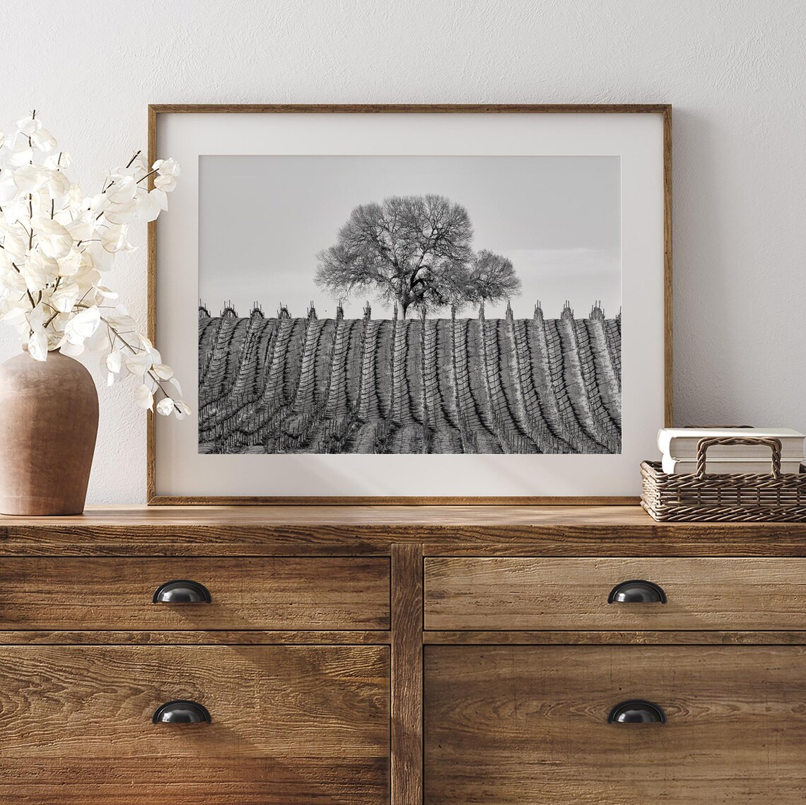 Vineyard Rows Black and White Landscape Art Print - Image 3