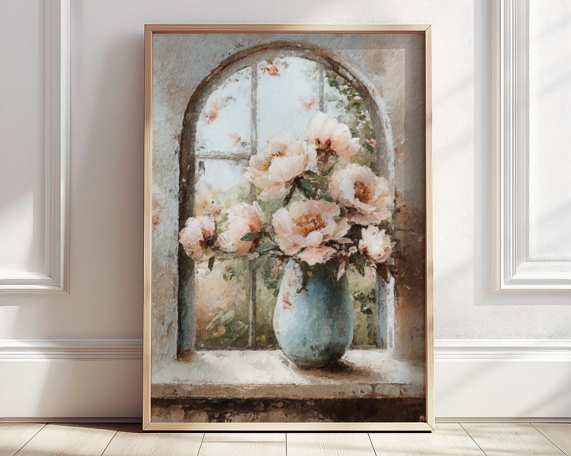 Pink Peony Bouquet Blue Vase Rustic Arched Window Art Poster