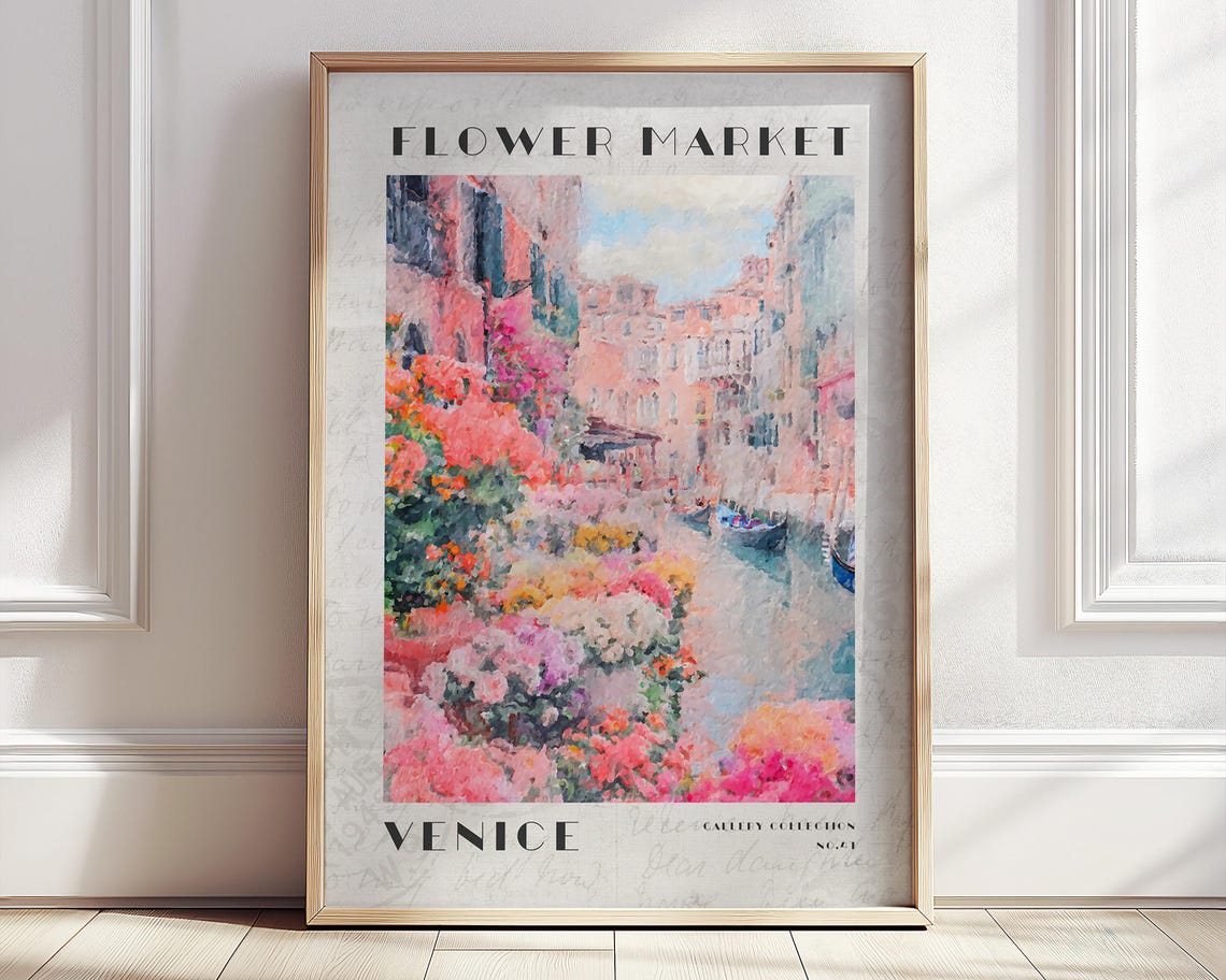 Venice Flower Market Pastel Canal Gondolas Travel Art Poster