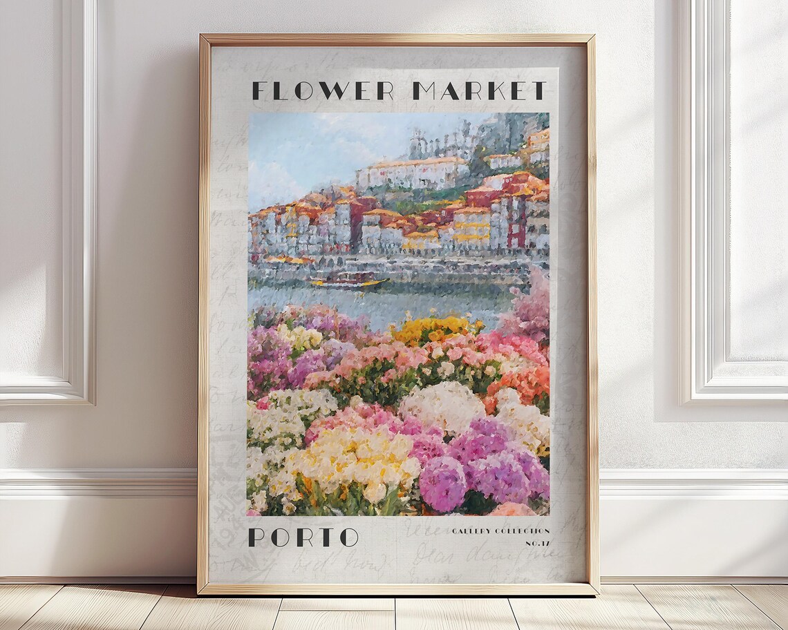 Porto Flower Market Poster Spring Summer Travel Print Portugal Poster Monet Floral Landscape Wall Art Neutral Wall Decor Pastel Art