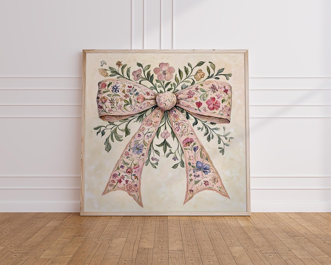 Blush Pink Floral Bow Wildflower Coquette Watercolor Art Poster