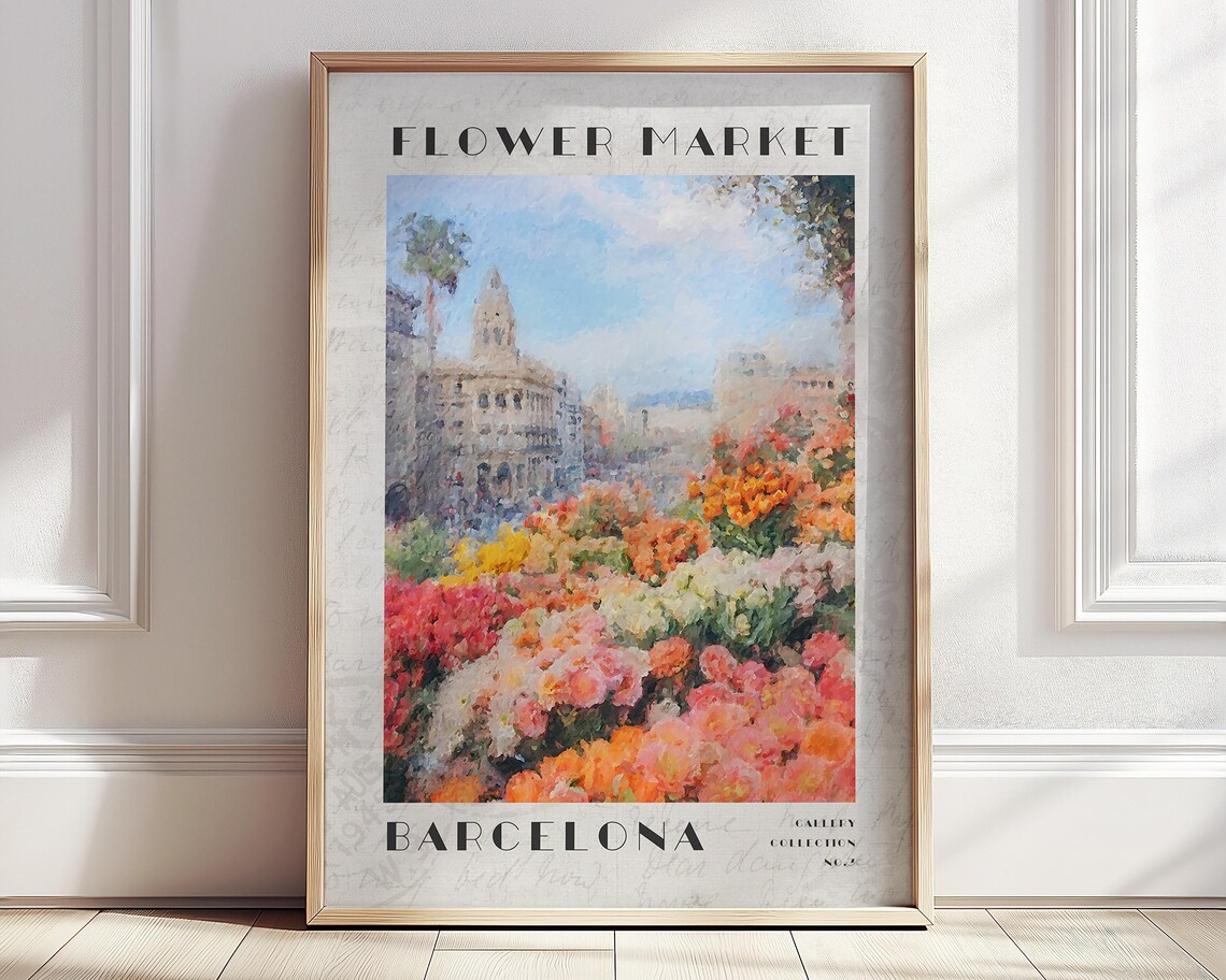 Barcelona Flower Market Colorful Cityscape Travel Art Poster