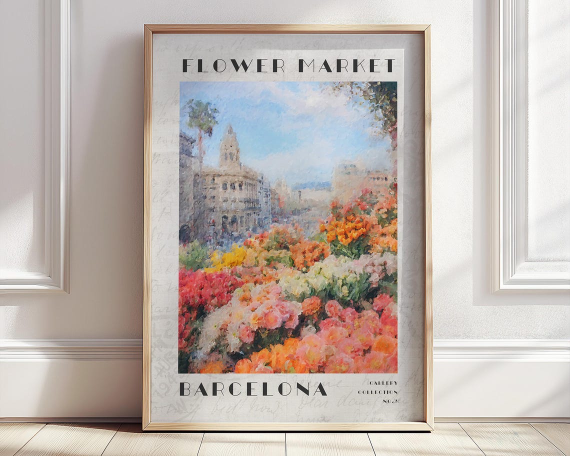 Spain Flower Market Print Barcelona City Travel Poster Floral Landscape Farmhouse Living Room Wall Art Impressionist Wall Decor Gift