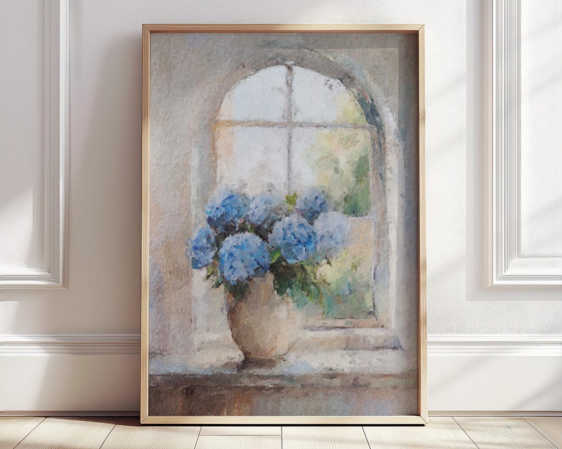 Blue Hydrangea Beige Vase Window Sill Watercolor Still Life Poster