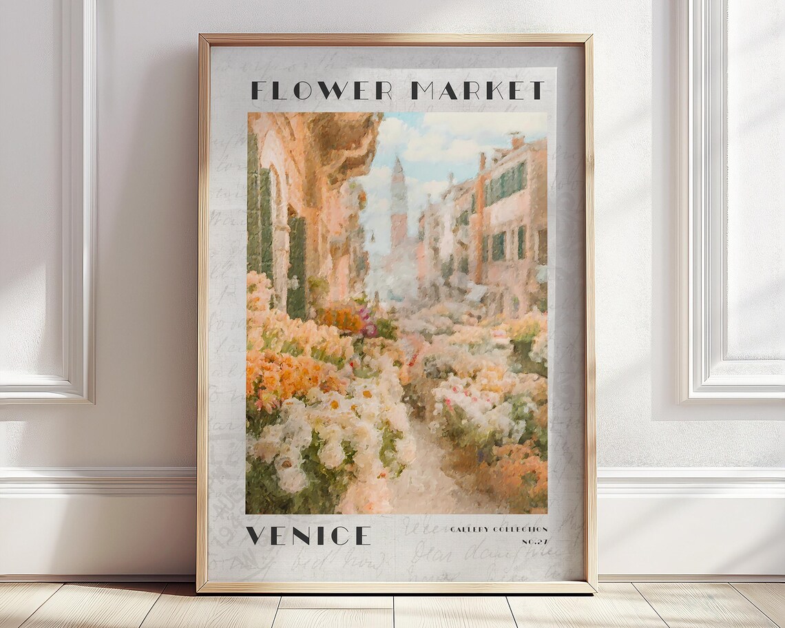 Venice Canal Flower Market Italy Dreamy Vintage Travel Poster