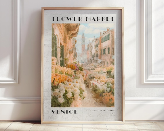 Venice Flower Market Poster Italy Venice Travel Print Modern Vintage City Poster Monet Landscape Wall Art Retro Farmhouse Kitchen Decor