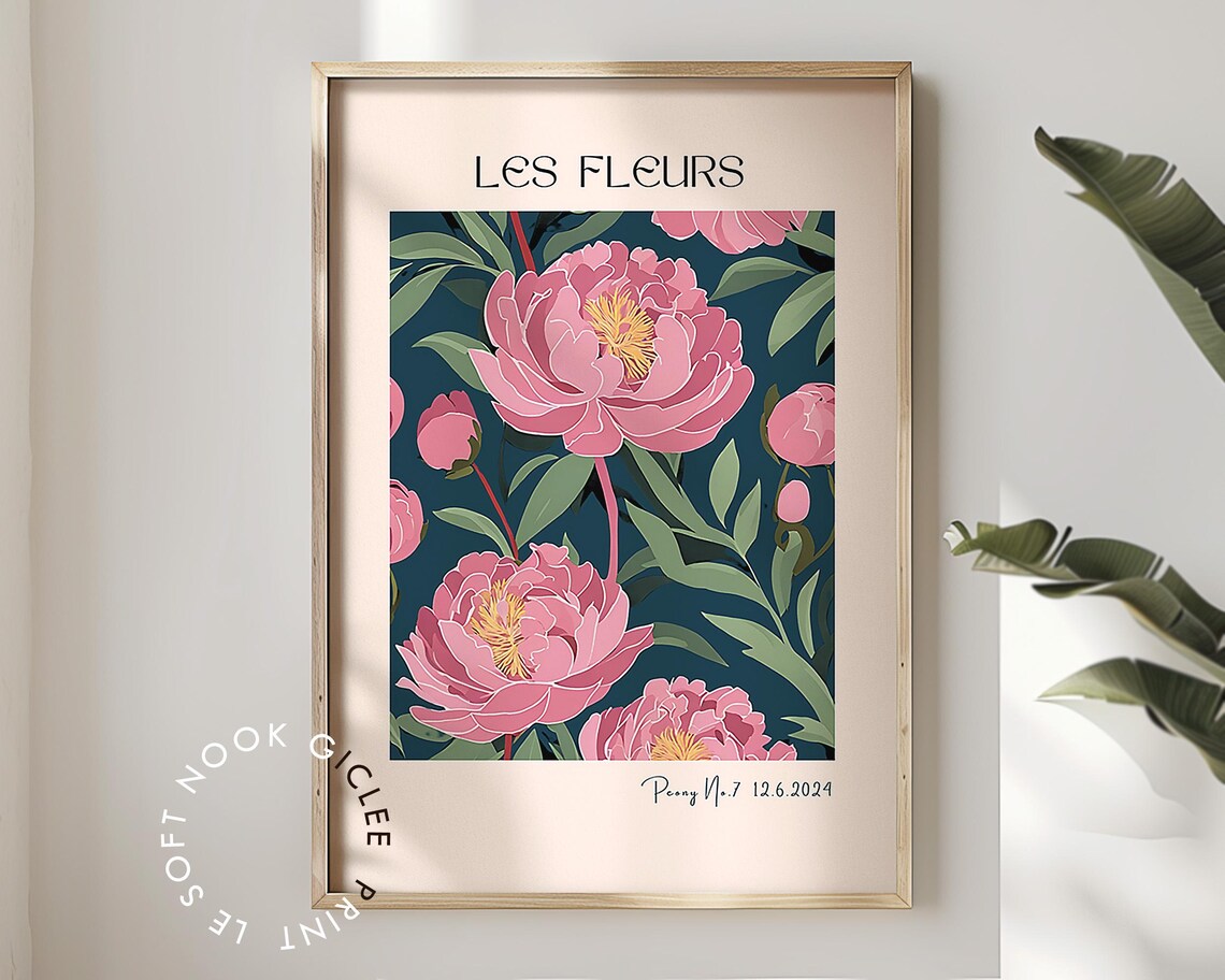 Les Fleurs Pink Peony Trio Dark Navy Botanical French Poster