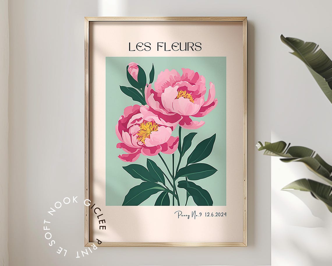 Pink Sage Green Flower Print Retro Peony Wall Art Peony Flower Poster French Poster Pastel Room Decor Dopamine Prints Woman Gifts