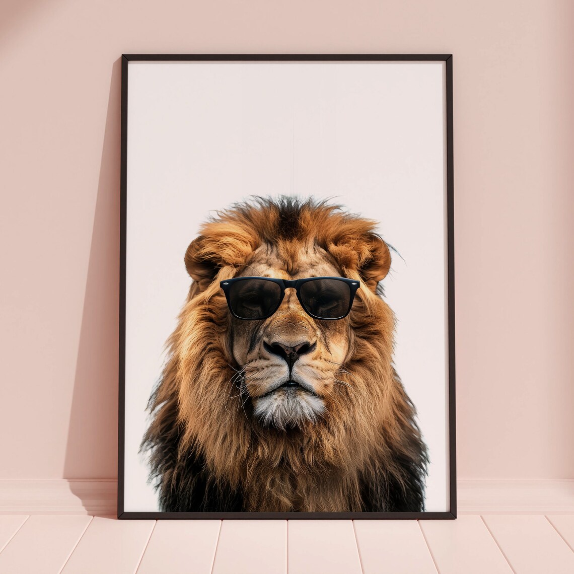 Cool Lion Wearing Black Sunglasses Minimalist White Photo Poster - Image 3