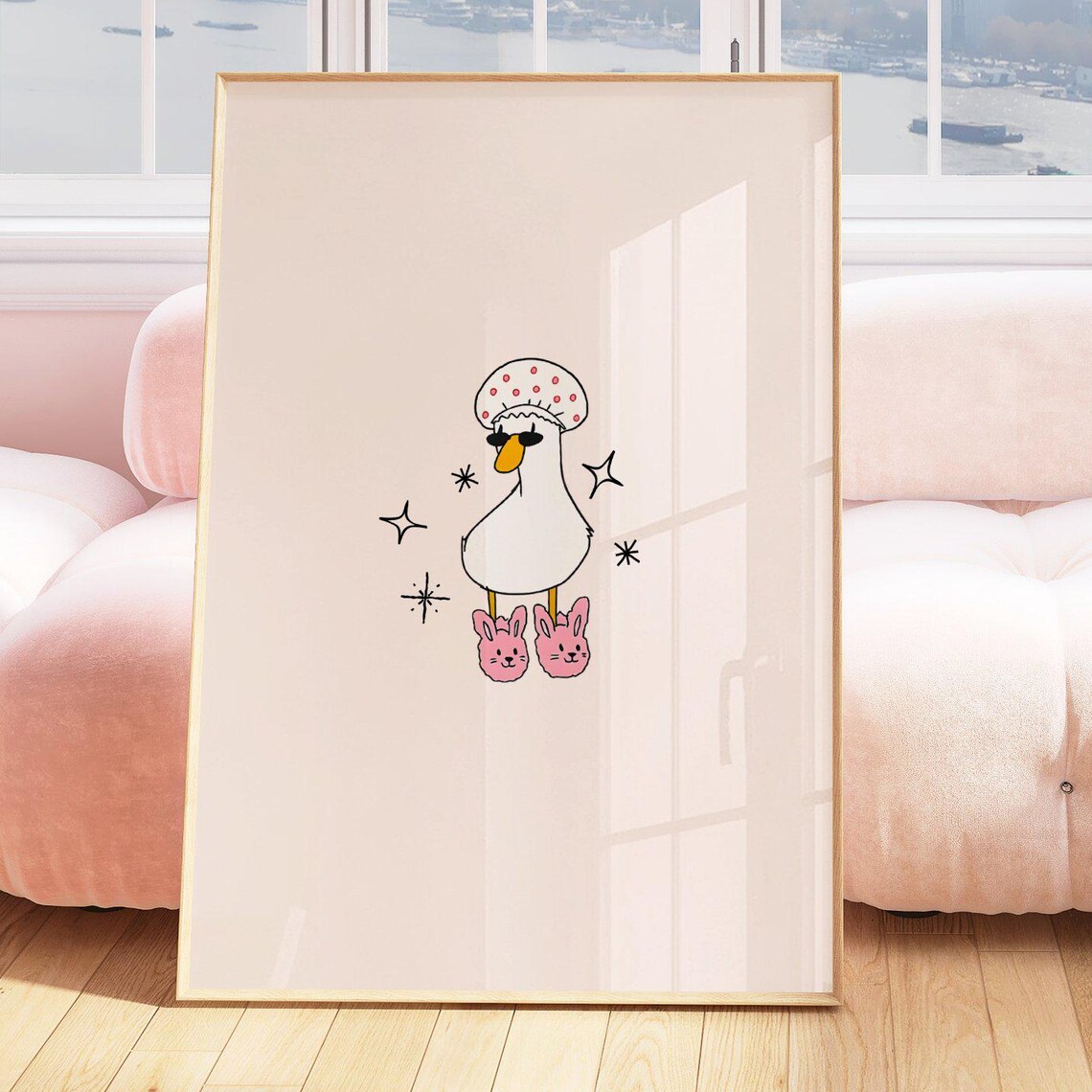 Cute Duck In Shower Cap Sunglasses Bunny Slippers Wall Poster