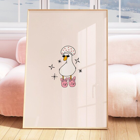 Duck In Shower Cap Print Cute Trendy Bathroom Art Quirky Fun Wall Baby Pink Dorm Decor Silly Goose Slippers