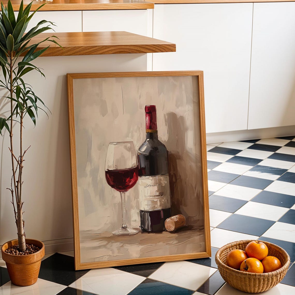 Red Wine Bottle And Glass Oil Painting Rustic Kitchen Poster - Image 4