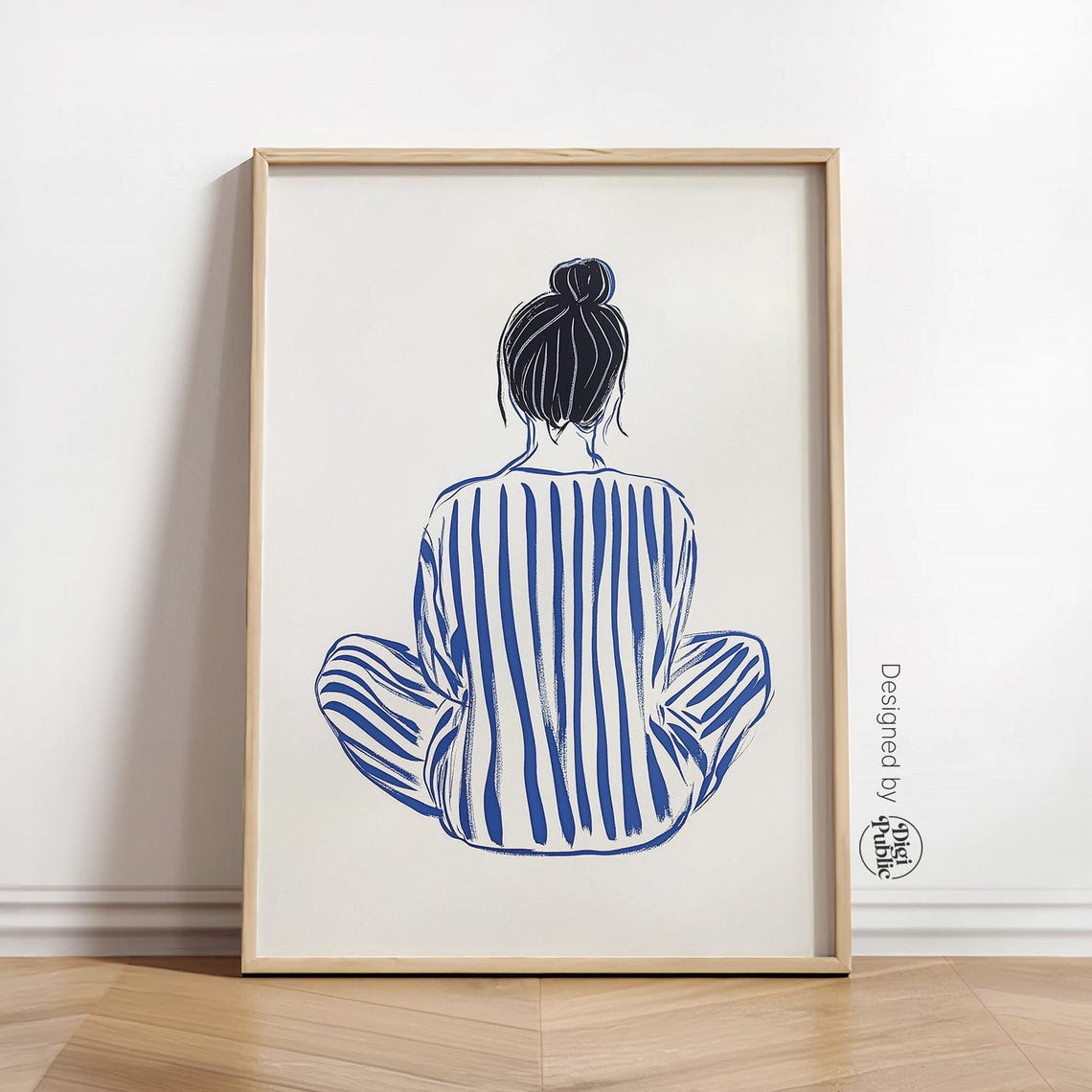 Seated Woman Back View Minimalist Blue Striped Line Art Poster