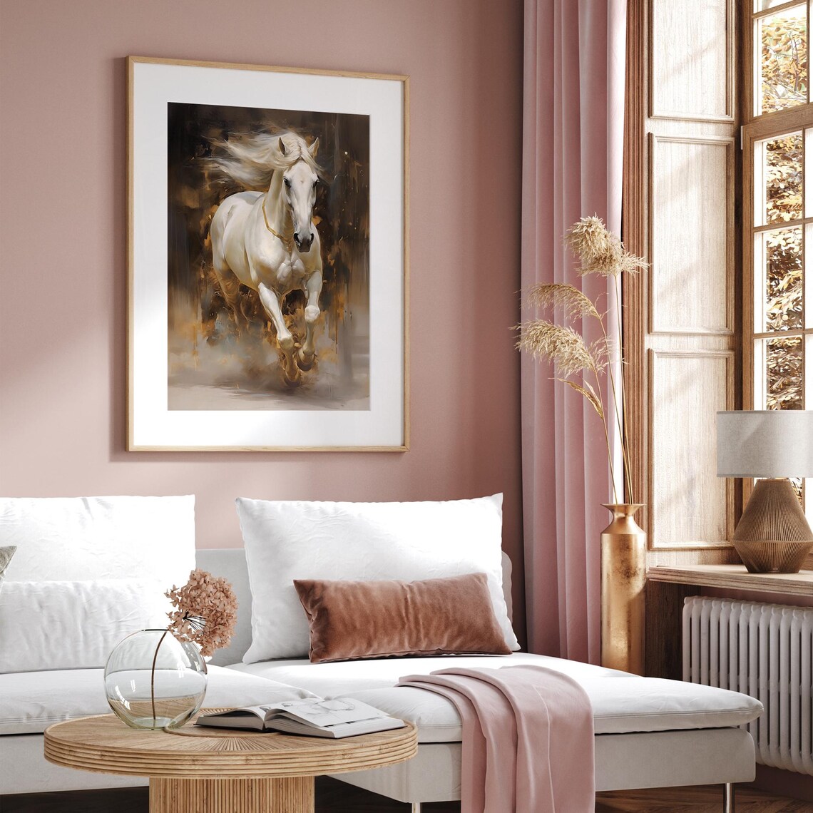 Majestic White Horse Galloping Poster on Dark Golden Background - Image 3