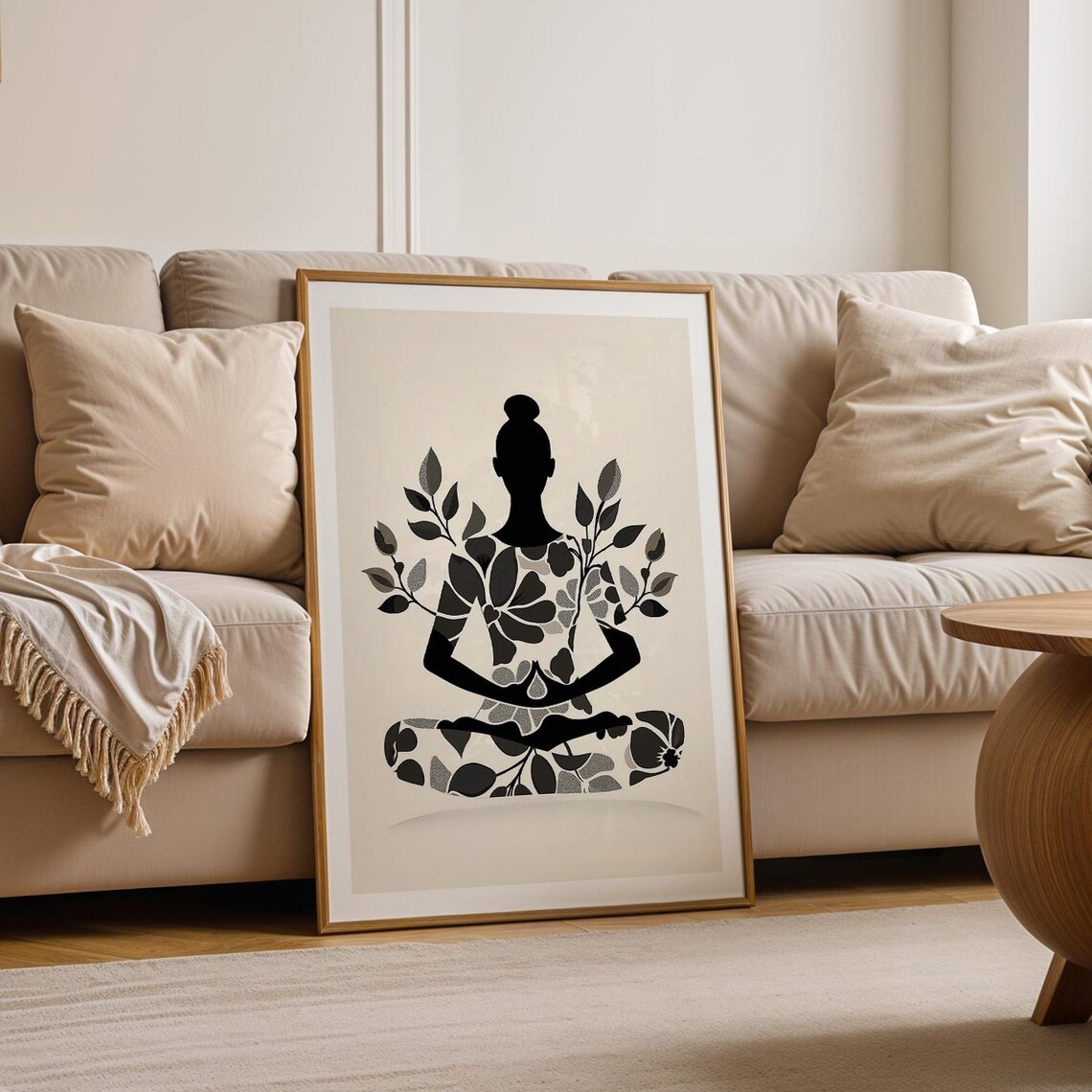 Black Yoga Silhouette Floral Poster Monochrome Zen Meditation Art - Image 3