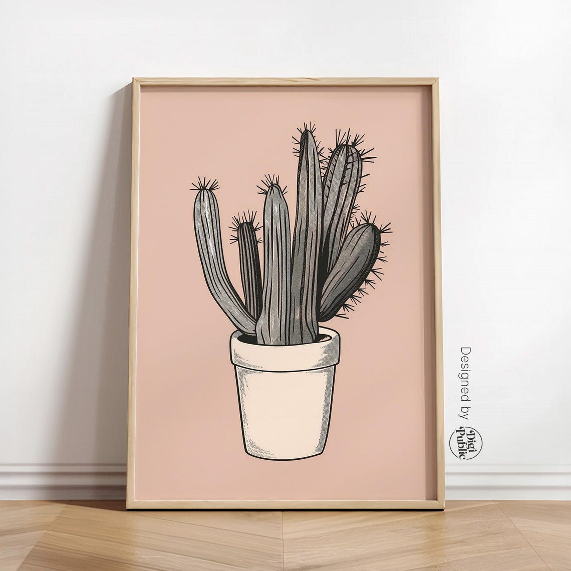 Monochrome Potted Cactus On Soft Blush Pink Background Poster