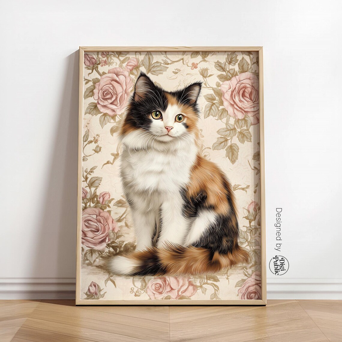Calico Cat Front Sitting Roses Floral Vintage Portrait Nursery Wall Art