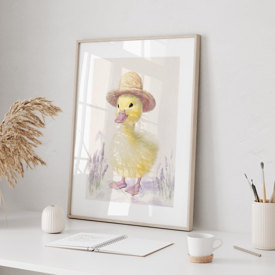 Cute Sweet Yellow Duckling In Straw Hat Watercolor Nursery Poster - Image 2