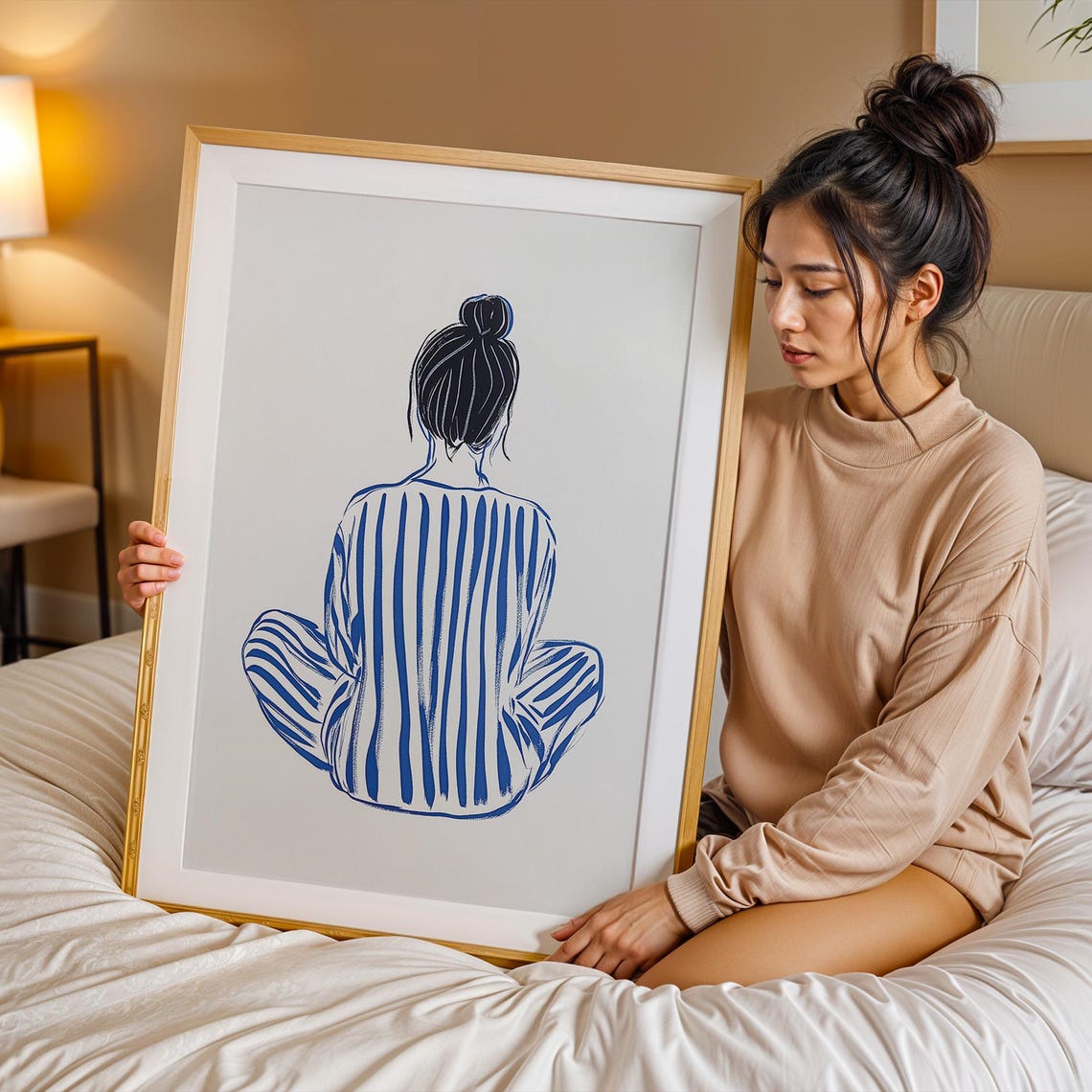 Seated Woman Back View Minimalist Blue Striped Line Art Poster - Image 3