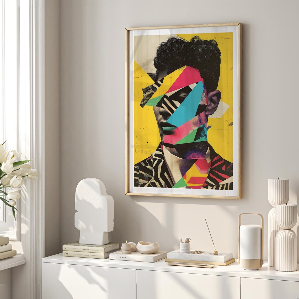 Geometric Collage Male Portrait On Mustard Yellow Art Poster - Image 4