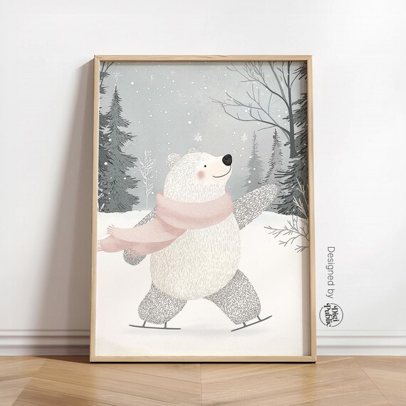 Cute Polar Bear Ice Skating Winter Poster with Pink Scarf Art