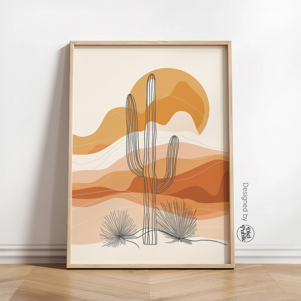 Desert Saguaro Cactus Sunset Line Art Boho Style Wall Poster