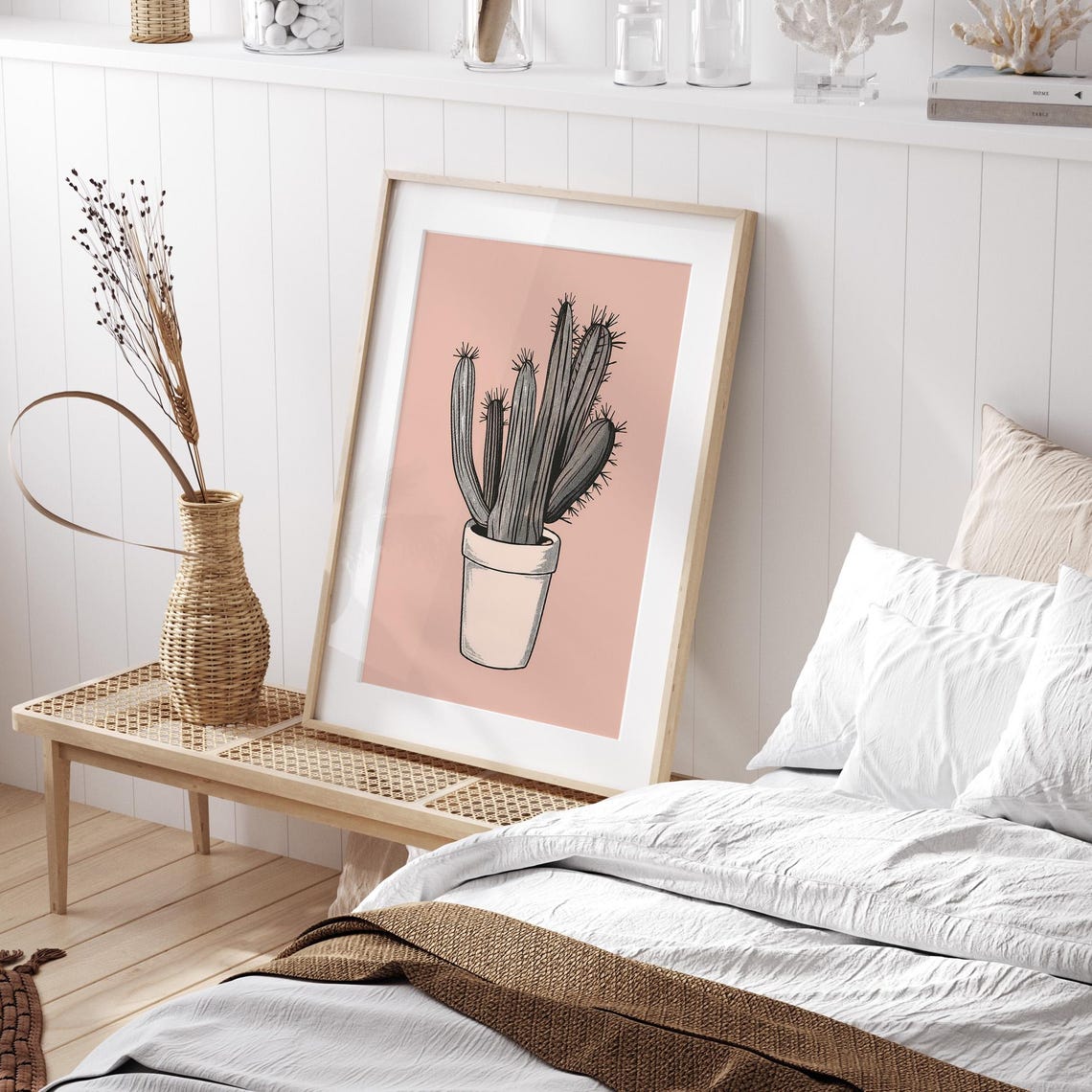 Monochrome Potted Cactus On Soft Blush Pink Background Poster - Image 3
