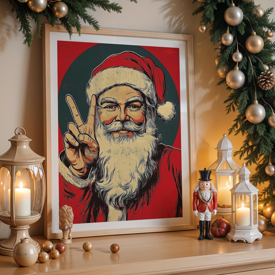 Retro Santa Claus Peace Sign Vintage Red Green Circle Christmas Poster - Image 4