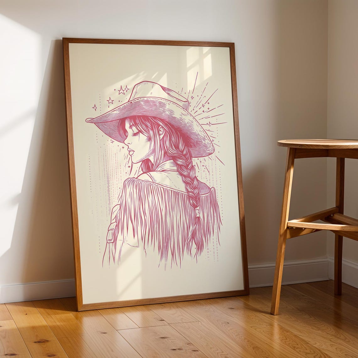 Blush Pink Line Art Cowgirl With Braid Fringe Western Poster - Image 3