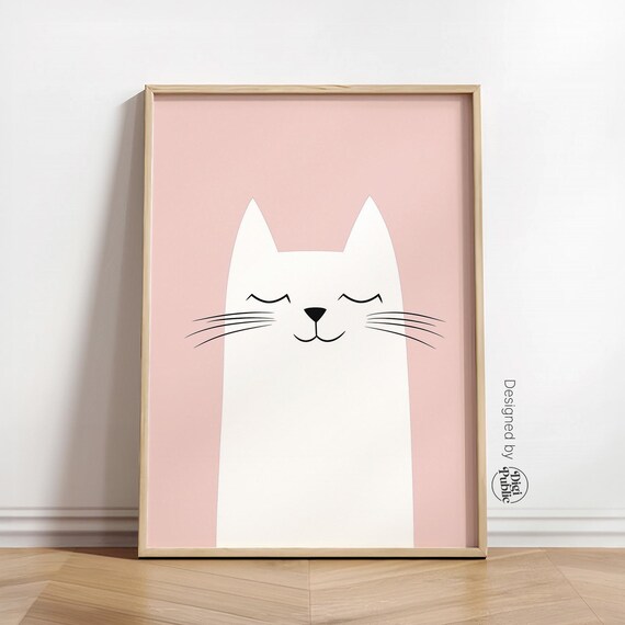 Minimalist White Cat Face On Blush Pink Kids Art Toddler Room Decor Poster