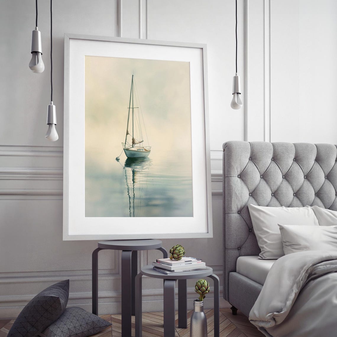 Minimalist Serene Sailboat On Misty Morning Ocean Wall Poster - Image 4