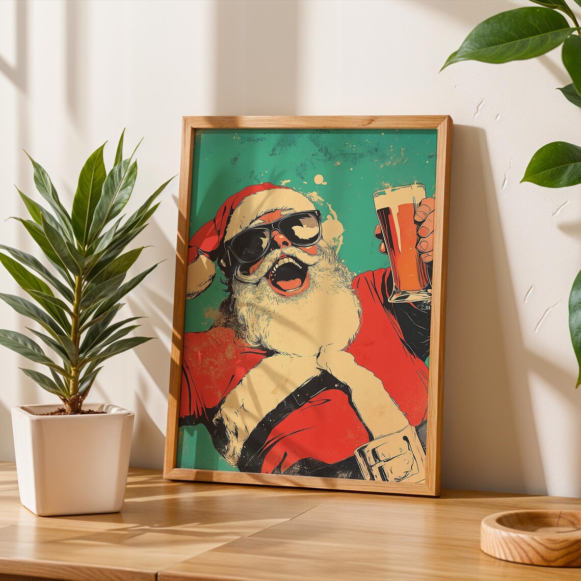 Retro Santa Claus Raising Beer Glass Sunglasses Laughing Xmas Poster - Image 2