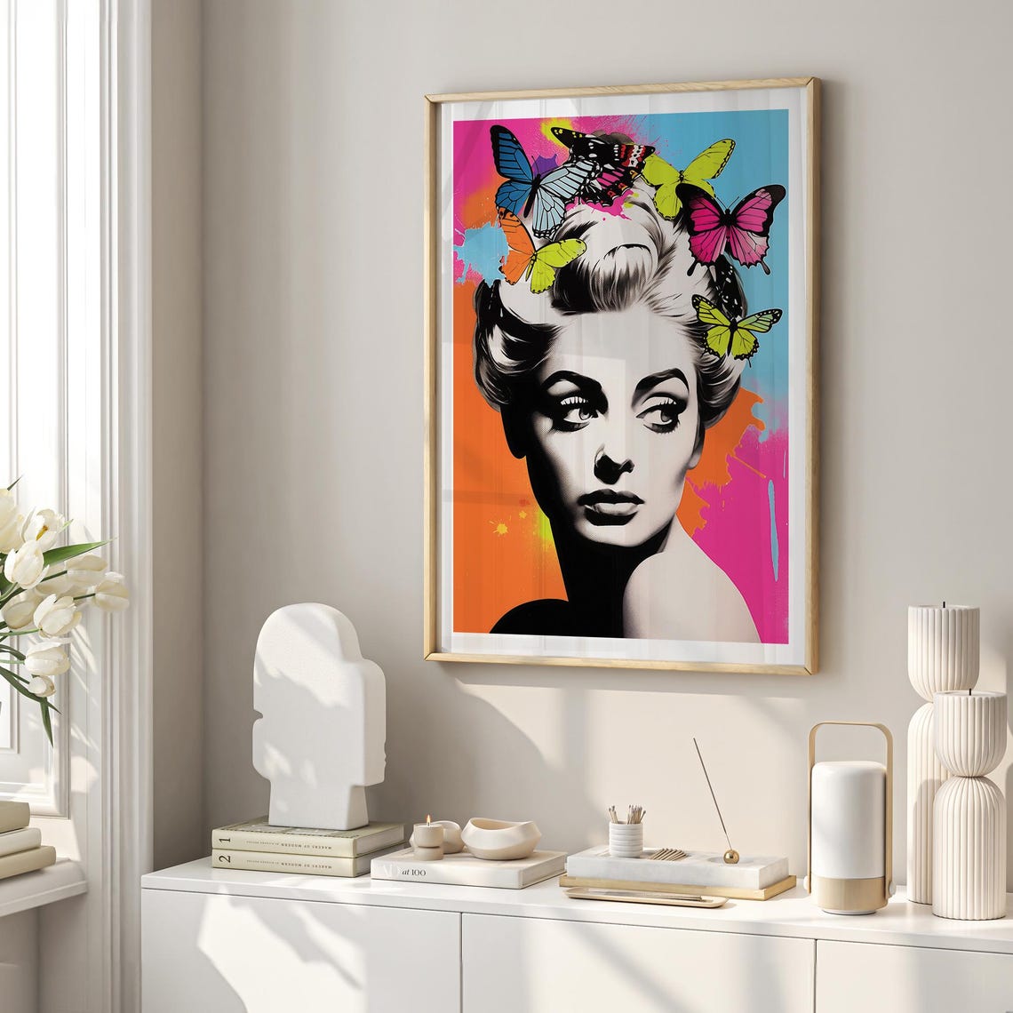 Beautiful Woman With Butterfly Pop Art Wall Print Colorful Butterfly Wall Art Modern Wall Art For Home Home Print - Image 3