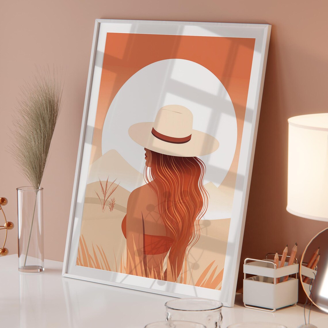 Desert Sunset Woman with Straw Hat Poster Warm Boho Travel Art - Image 5