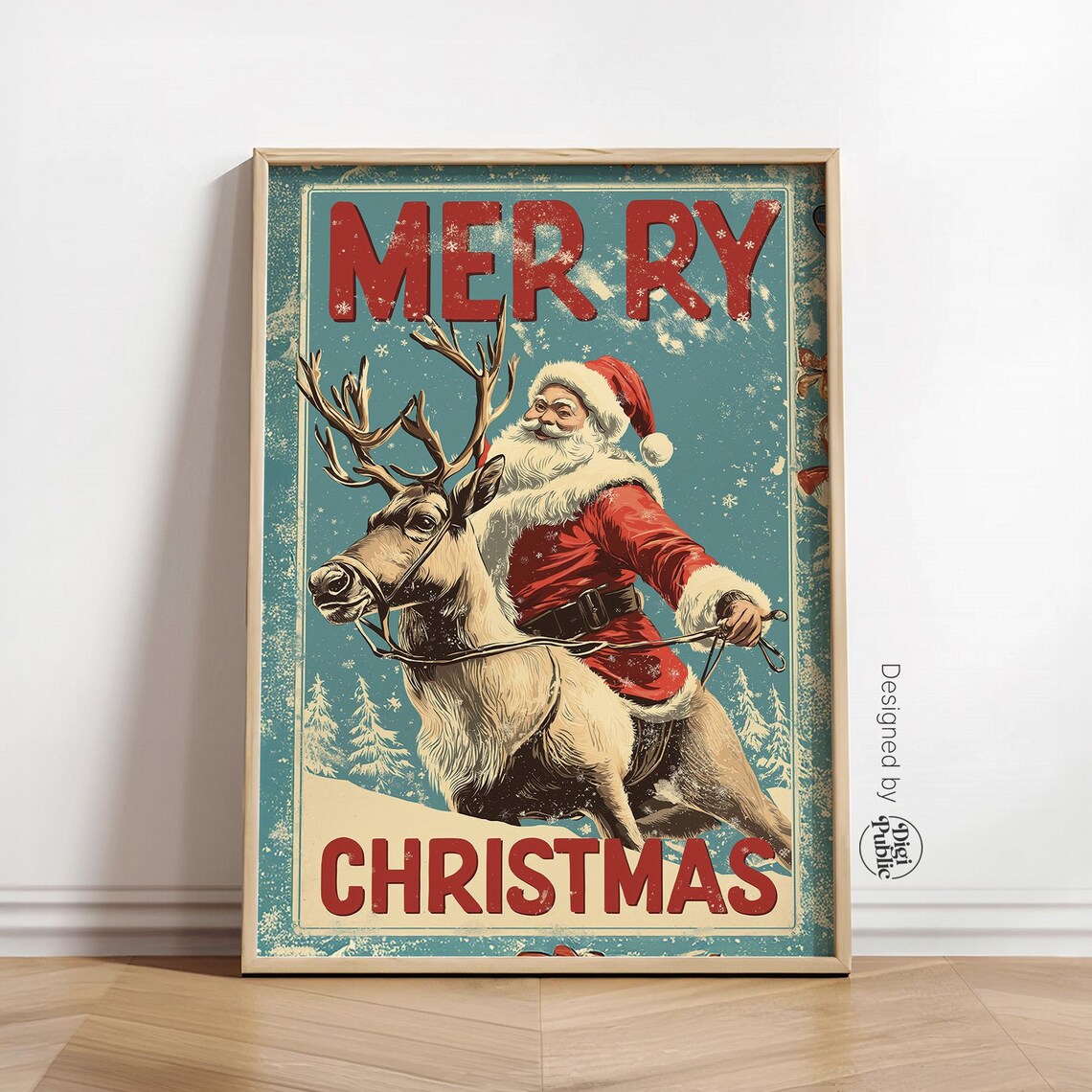 Retro Merry Christmas Santa Claus Riding Reindeer Vintage Style Poster