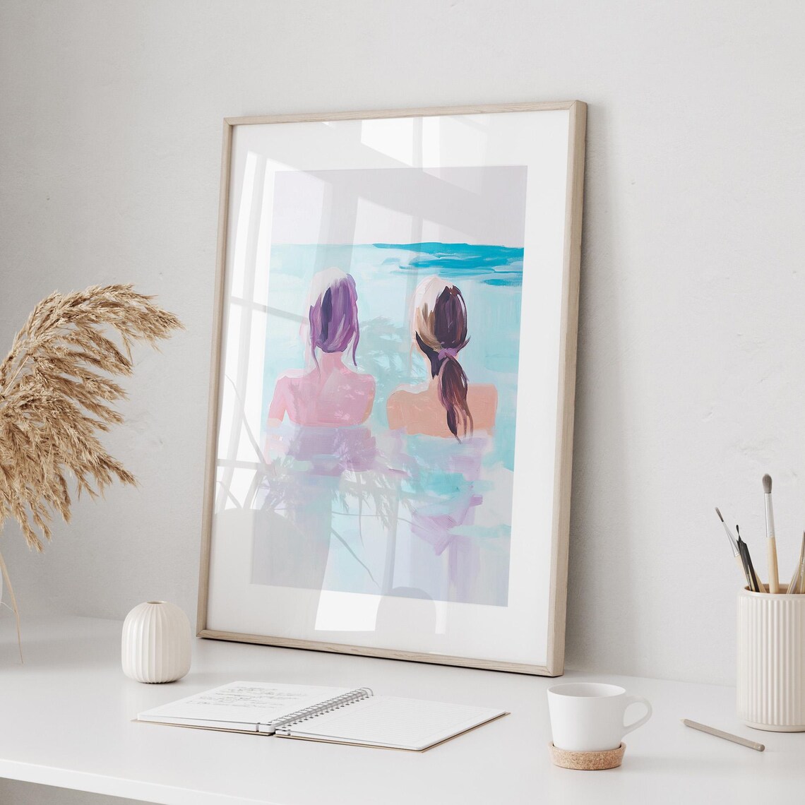 Two Women Swimming Pastel Ocean Poster Friendship Summer Decor - Image 3