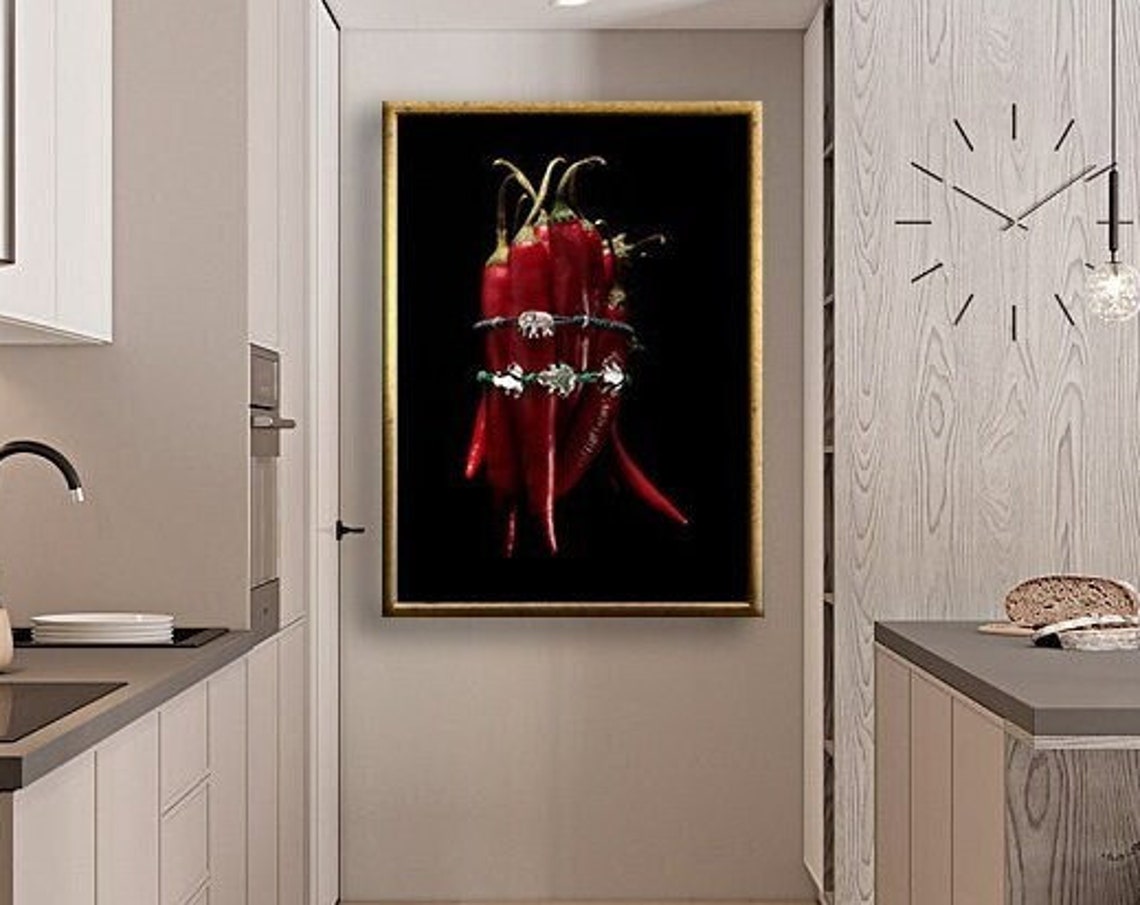 Red Chili Peppers Bunch Black Background Bold Kitchen Photo Poster