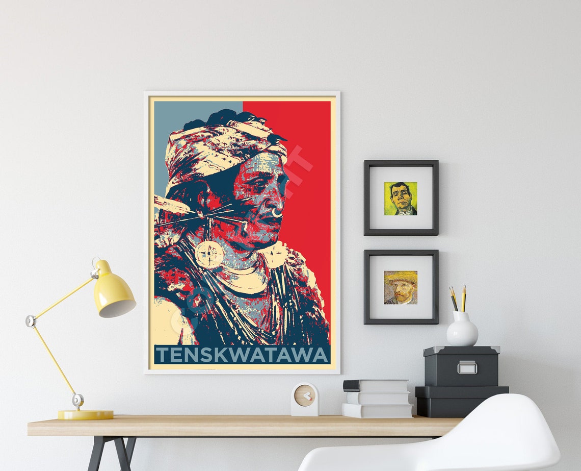 Tenskwatawa Shawnee Prophet Pop Art Portrait Poster Red and Blue - Image 4