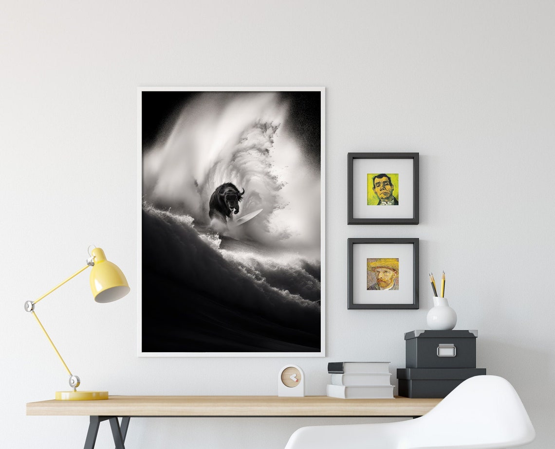 Bison Riding a Surfboard Inside a Curling Wave Black and White Poster - Image 4