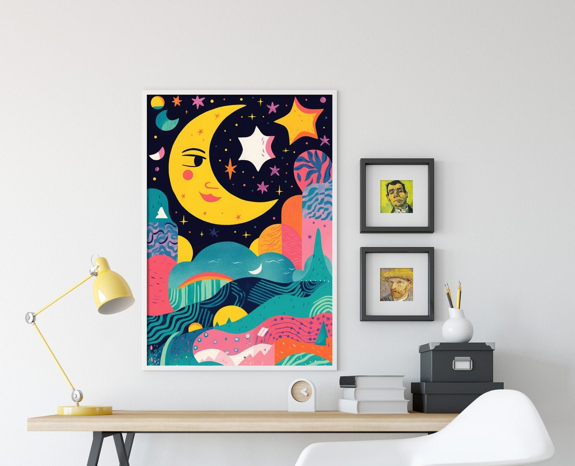 Nursery Holotone Moon And Stars 1 Art Print Poster Painting Museum Quality Giclee Home Wall Dcor - Image 4
