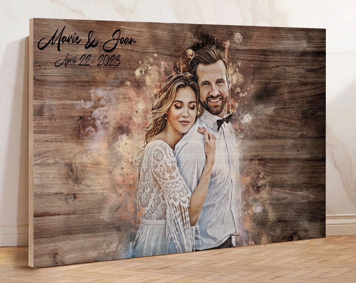 Rustic Wood Style Wedding Couple Portrait With Names and Date Poster